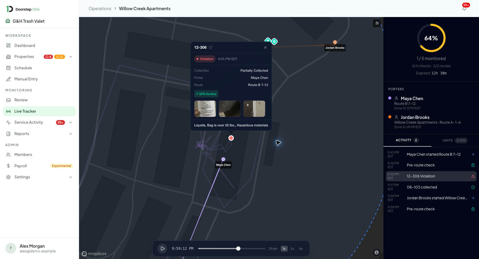 Doorstep One Live Tracker showing G&H route activity at Willow Creek Apartments