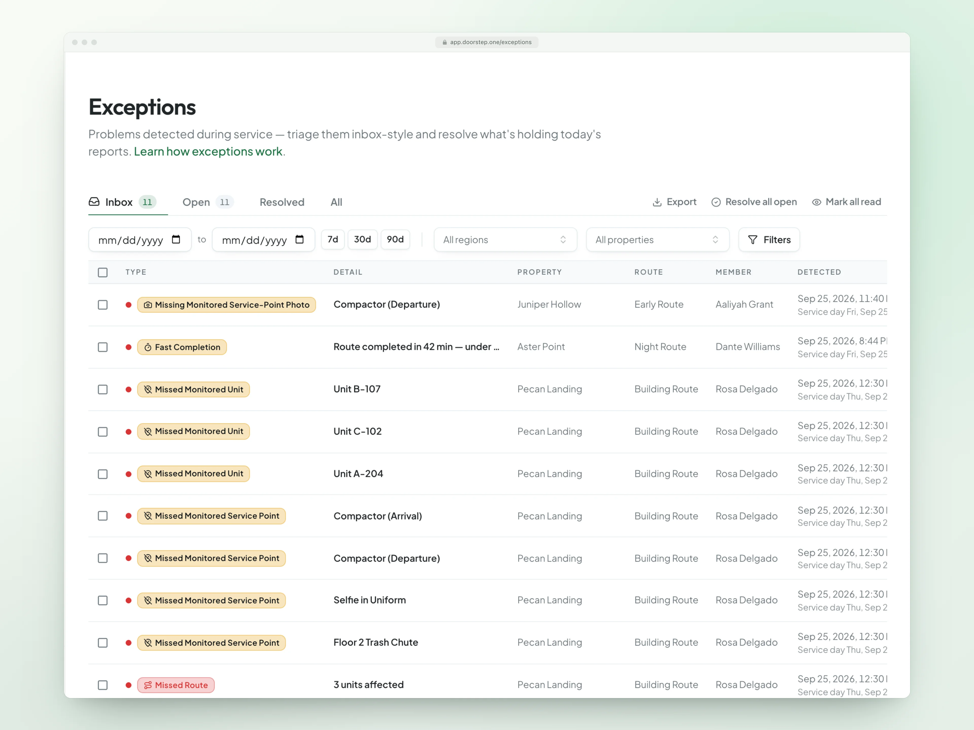 The Exceptions inbox: a missing photo, a fast completion, and a missed route caught automatically.