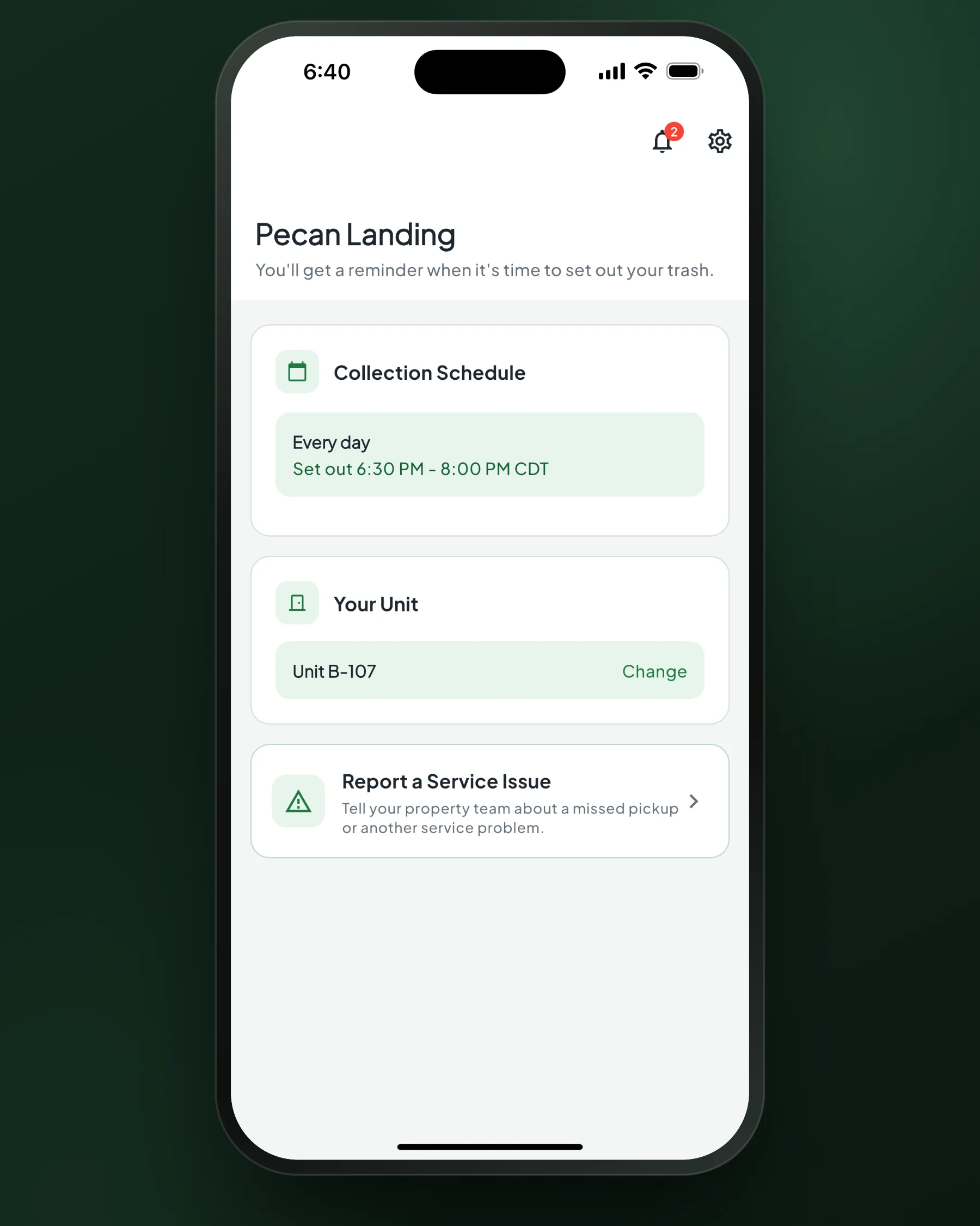 A resident’s home screen: the set-out window, 6:30 to 8:00 PM every day, their unit, and a way to report a service issue.
