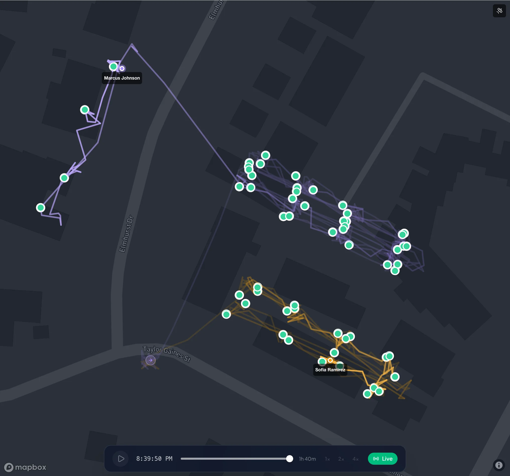 The Live Tracker map with each porter’s trail in its own color across three buildings.