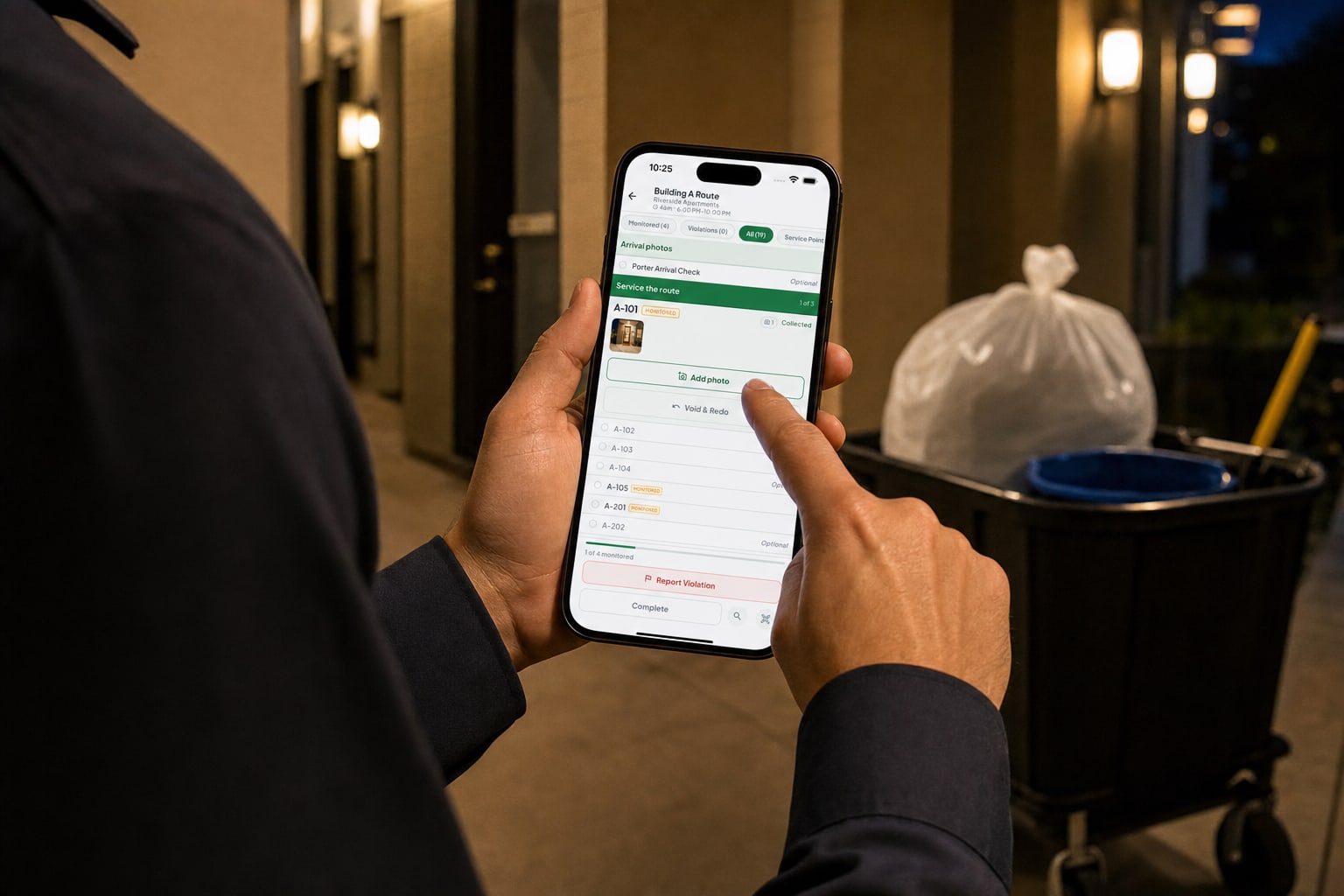 A porter using Doorstep One on a phone during a nighttime valet-trash route